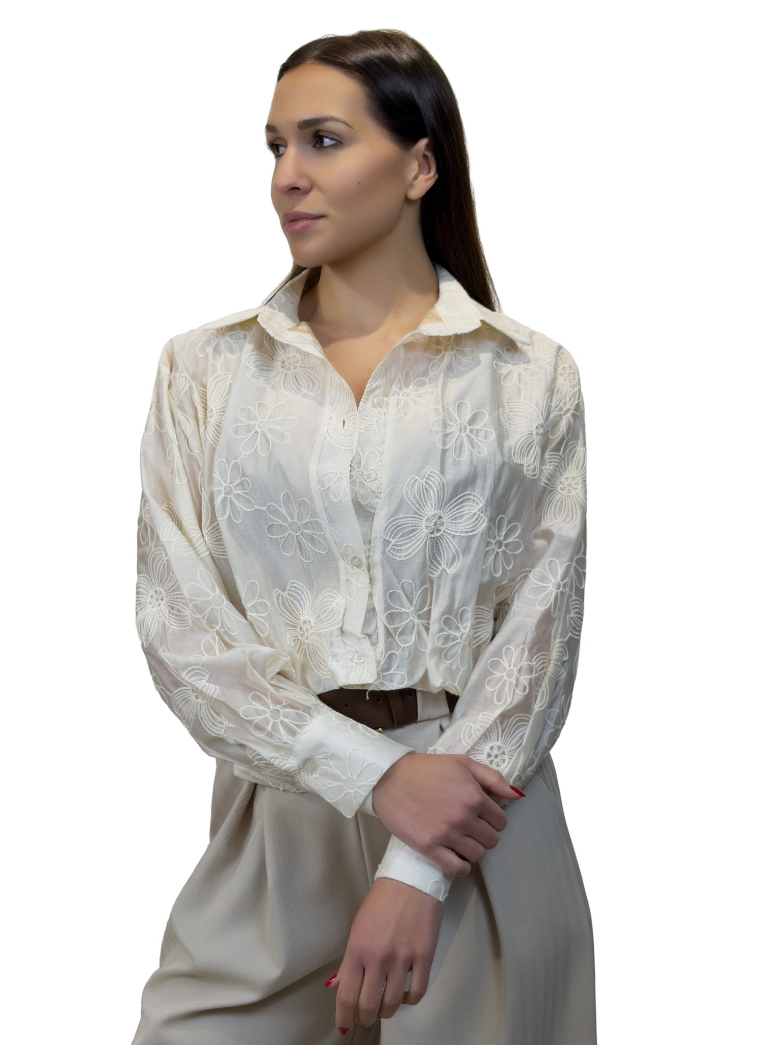 Camicia cropped con fiori ricamati - CM2612