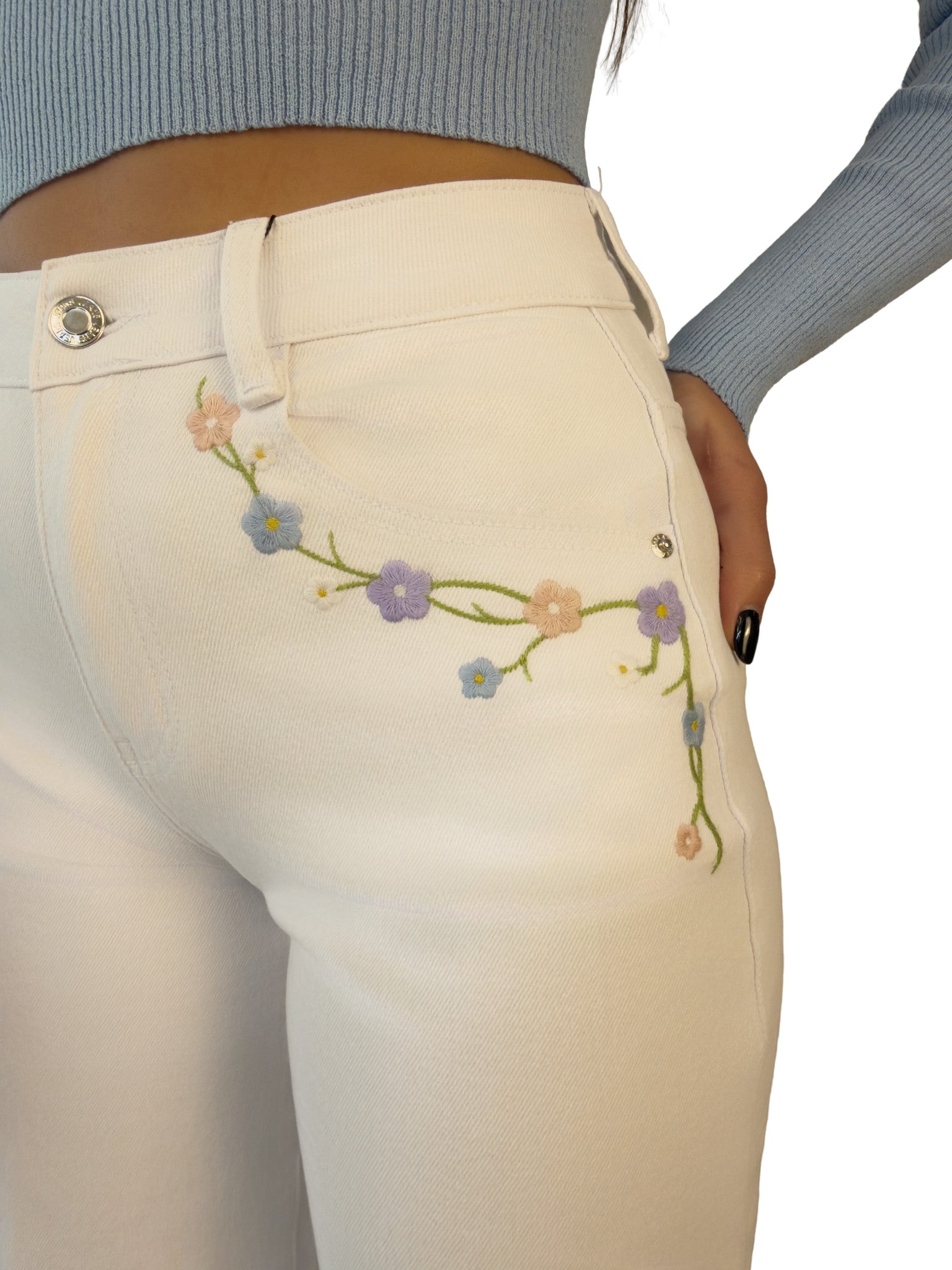 Jeans bianco con ricami - JS2619