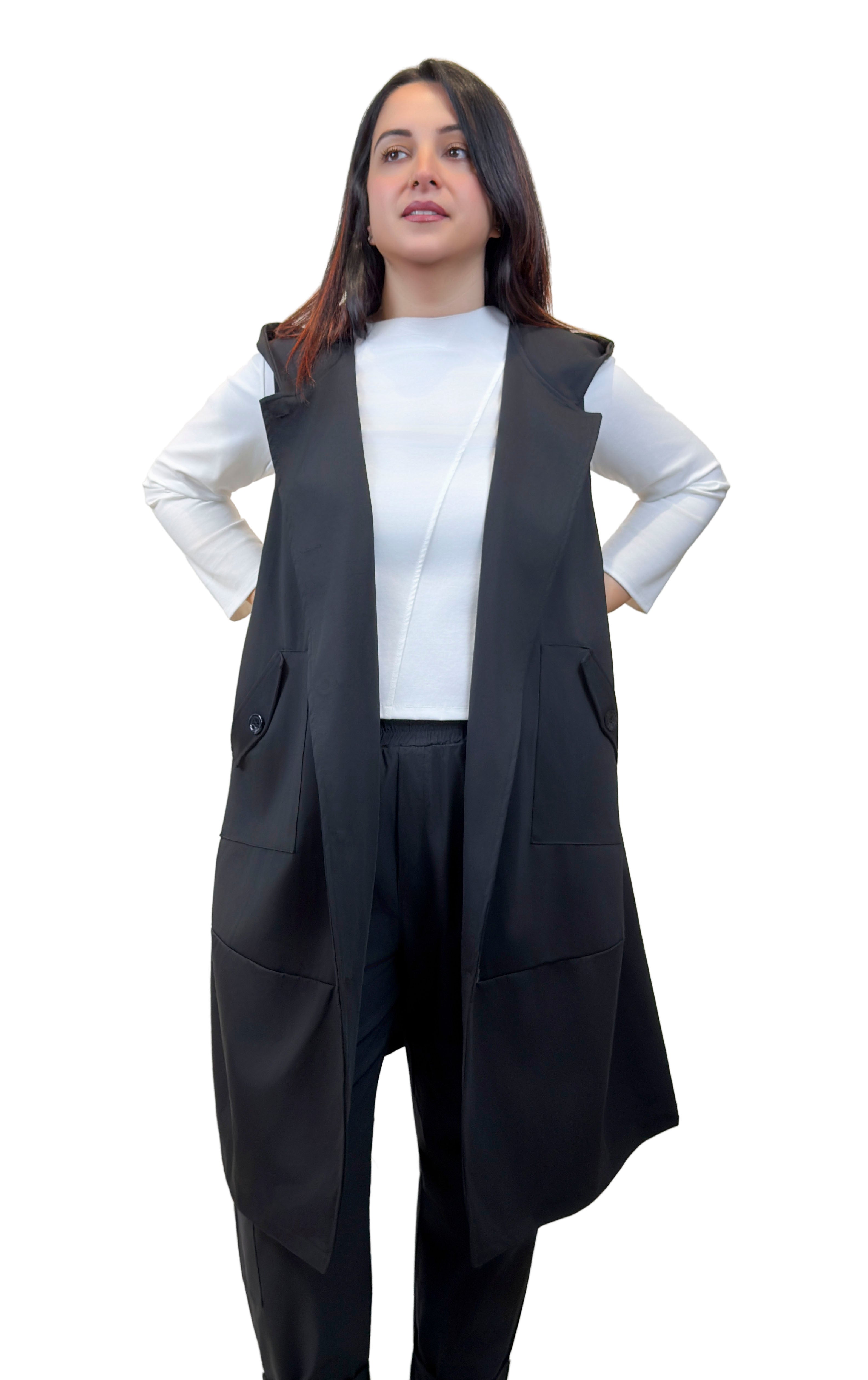 Gilet lungo nero con cappuccio - GL2606