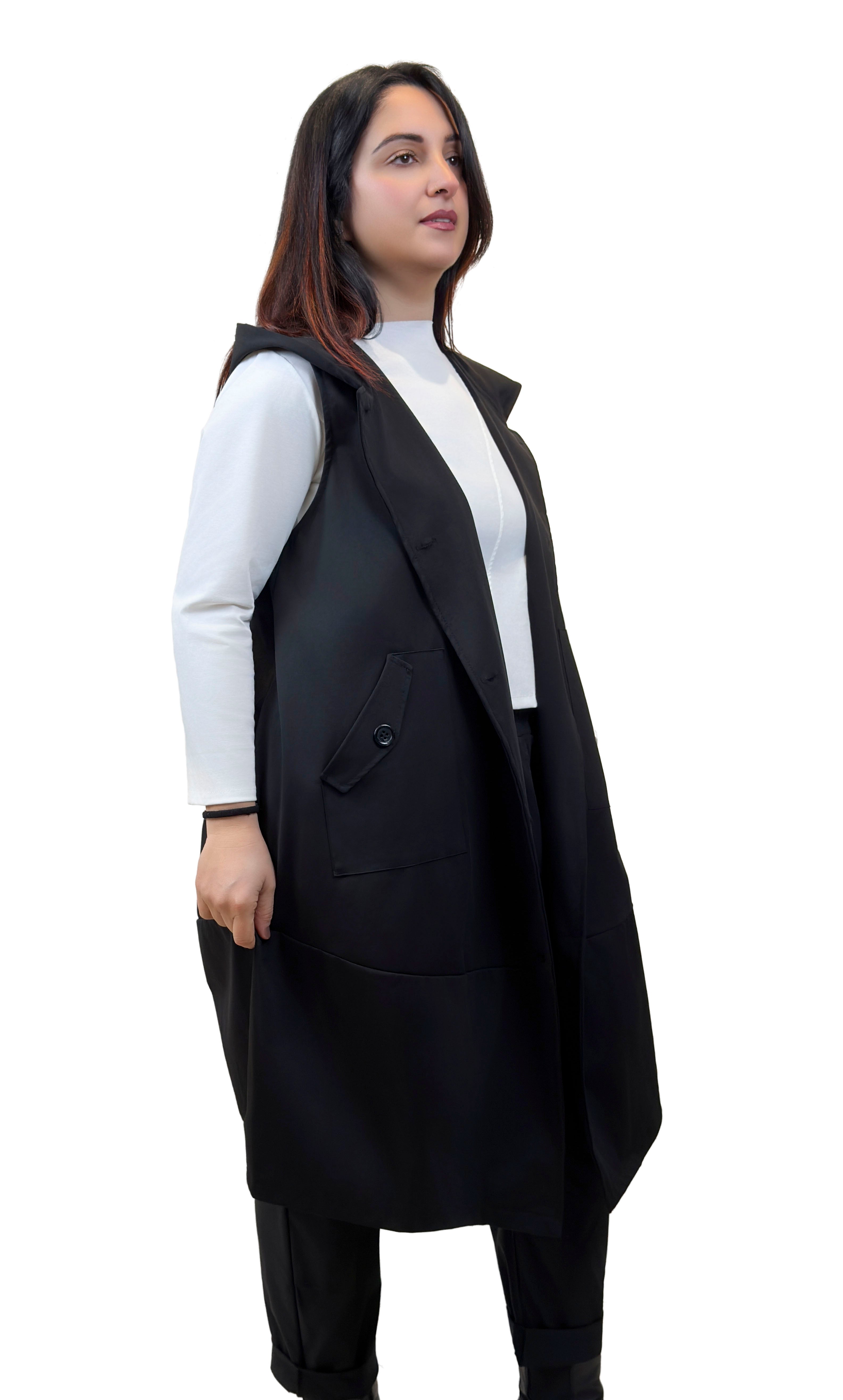 Gilet lungo nero con cappuccio - GL2606