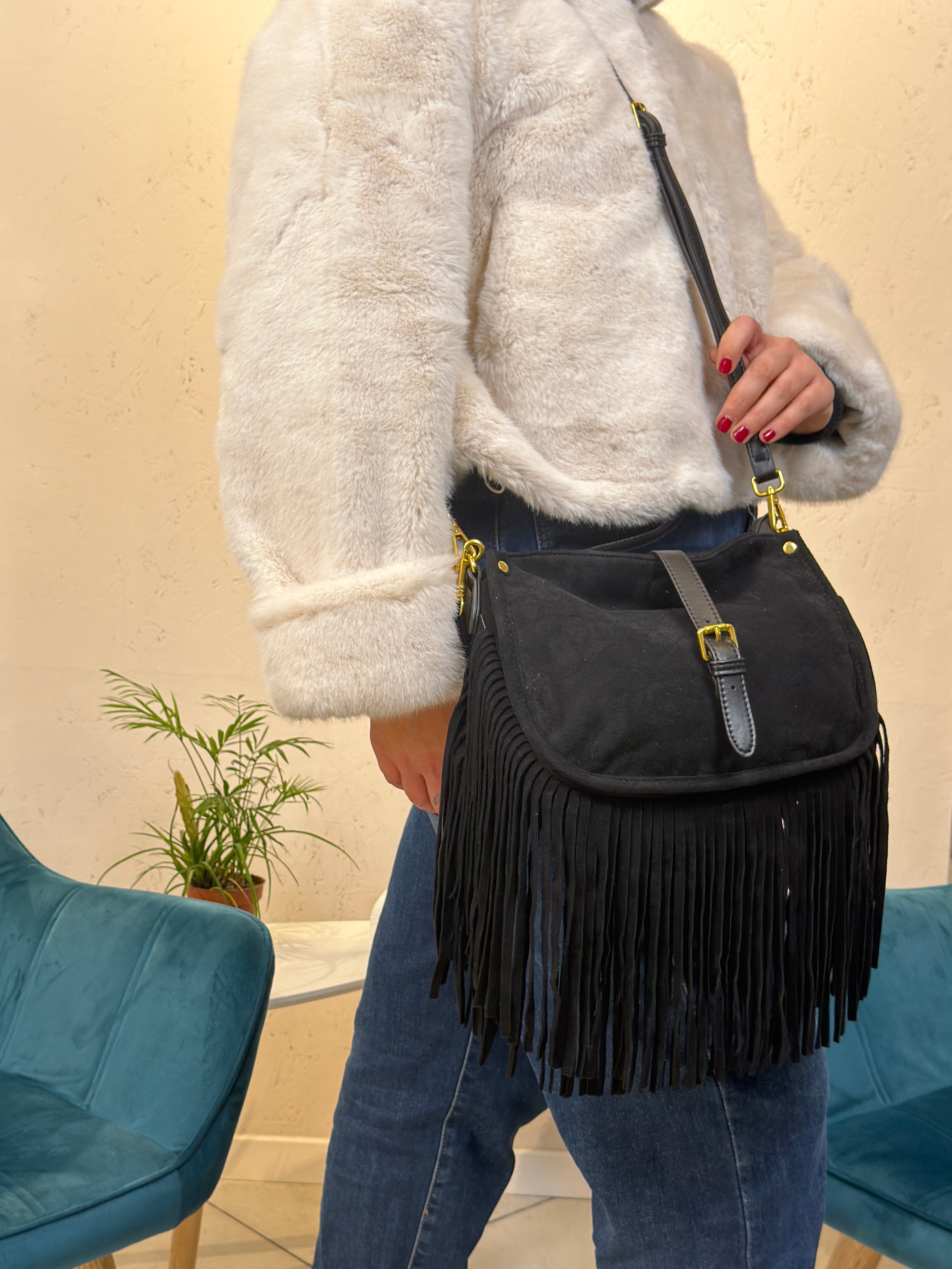 Borsa hobo scamosciata con frange - BS2606