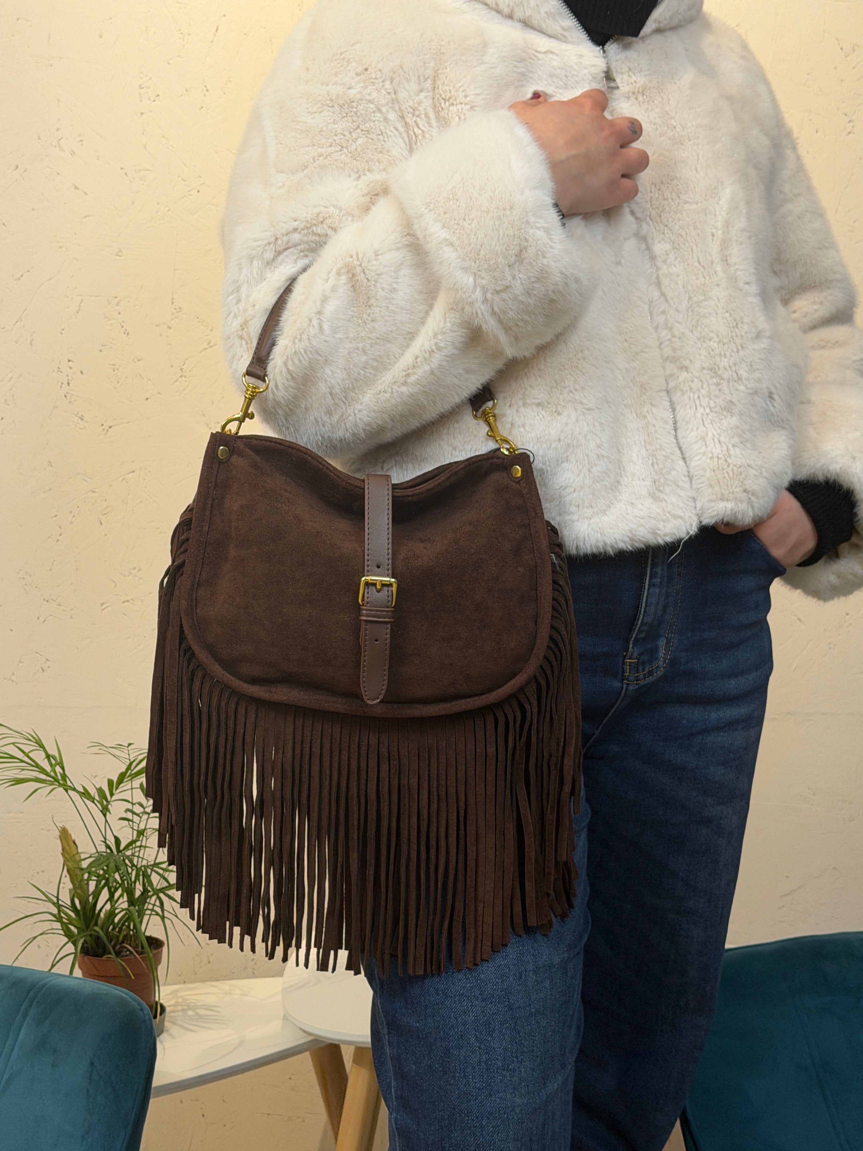 Borsa hobo scamosciata con frange - BS2606